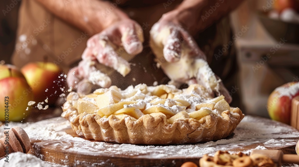Poster a person is making a pie with apples and powdered sugar. the pie is in the center of the image, surr