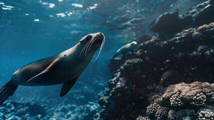 Obraz premium Galapagos fur seal Arctocephalus galapagoensis swimming at camera in tropical underwaters Lion seal in under water world Observation of wildlife ocean Scuba diving adventure in Ecuador : Generative AI