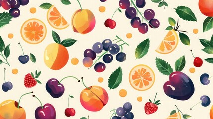 Obraz premium A playful seamless pattern featuring various fruits like cherries, grapes, and peaches.