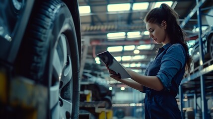 Female professional using tablet quality checking car parts worker in warehouse Supervisor importexport shipping transportation logistic business factory concept : Generative AI