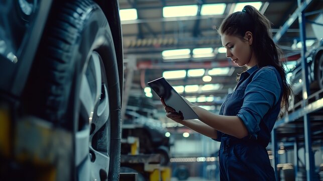Female professional using tablet quality checking car parts worker in warehouse Supervisor importexport shipping transportation logistic business factory concept : Generative AI
