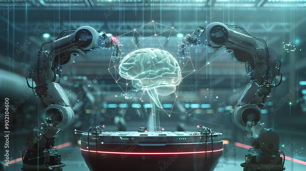 Poster neural network or artificial intelligence in industry 4.0. robotic arms creates neural network on po