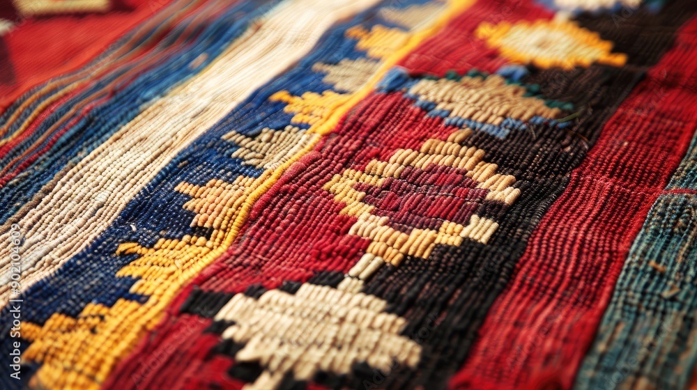 Poster a colorful rug with a pattern of squares and triangles. the rug is made of different colored threads