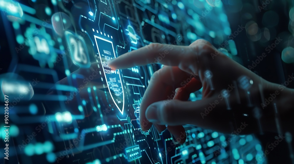 Poster Cyber security and data protection on internet Person touching virtual shield secure access encrypted connection Password protected system and storage Cybersecurity technology : Generative AI