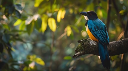 Naklejka premium colored beautiful bird sitting on the tree in the jungle colored wild bird colored wild bird sitting on the branch of tree in jungle : Generative AI