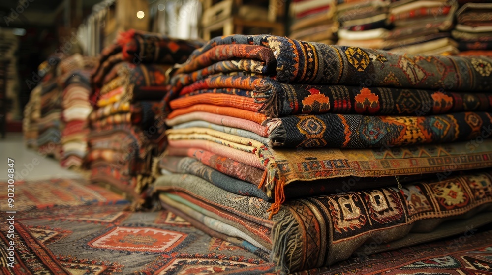 Poster a pile of colorful rugs stacked on top of each other. the rugs are of different colors and patterns,