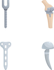 Set of vector icons illustrating various types of orthopedic implants and artificial joints