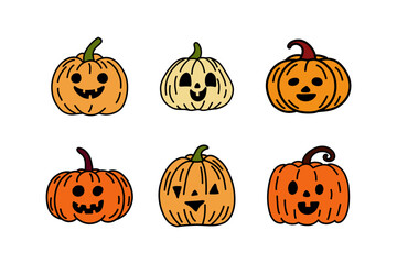 Halloween Pumpkin head set. Cute and scary pumpkin monster set. Autumn Holidays doodle jack's lantern isolated on white background. Vector