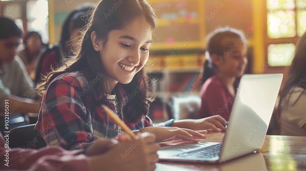 Poster student laptop and portrait in classroom writing notes for college course test and campus work femal