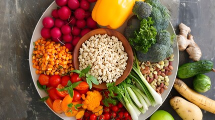 balanced meal with an assortment of vegetables, whole grains, and lean proteins, promoting mindful eating and a healthy lifestyle