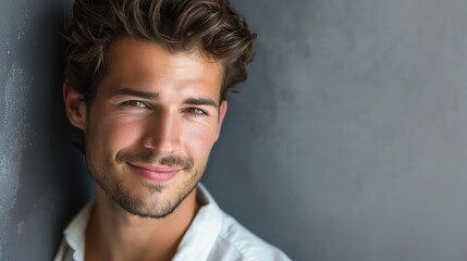 Obraz premium Attractive man with a gentle smile, looking at the camera. Plenty of copy space on the right side.