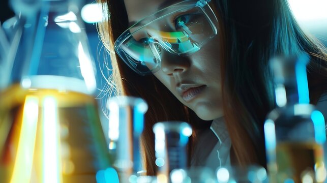 Woman beaker or scientist in laboratory for science innovation life expectancy or antiaging medicine Futuristic medical or healthcare biologist with chemistry liquid in research or exa : Generative AI