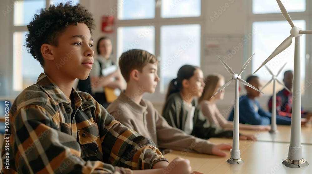 Poster Secondary Or High School Students Studying Wind Turbines In Science Class With Teacher In Background : Generative AI