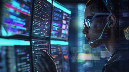 Software coding hologram and woman in data analytics information technology and gdpr overlay Programmer or IT person in glasses reading script programming and cybersecurity research on : Generative AI