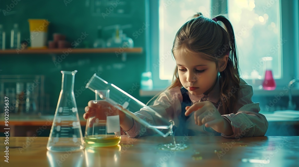 Poster girl classroom and science beaker for learning education and test with smart or intelligent child st