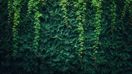 Obraz premium A lush green vine wall with green leaves. The vines are growing up the wall and are very thick