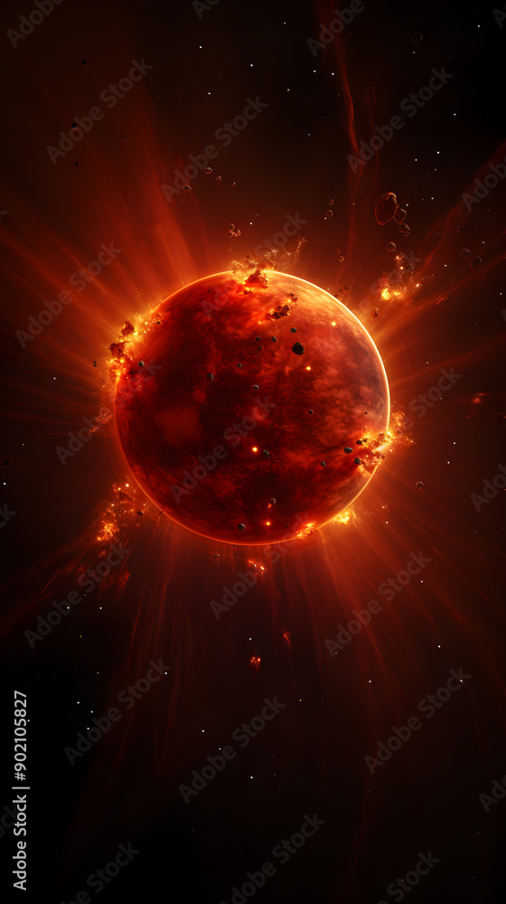 Poster a fiery red planet explodes in space, surrounded by glowing debris and light rays. the intense heat 