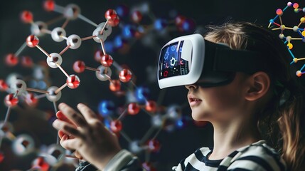 Child Explores Molecular Models with VR Glasses Girl Wearing Reality Headset Interacts with 3D Molecule Immersive STEM Education : Generative AI