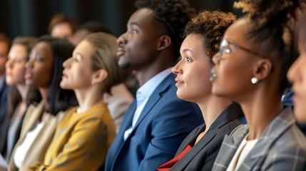 Multiracial group of business people listening to a speaker during an education event at convention center : Generative AI