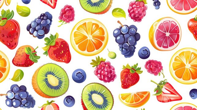Bright and cheerful seamless pattern featuring various fruits and berries.
