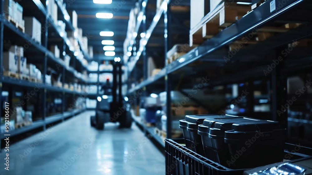 Poster Blur background of smart robotic machine inspecting product in storage Warehouse interior with shelves bins and a forklift Industrial storage and logistics facility Design for poster S : Generative AI