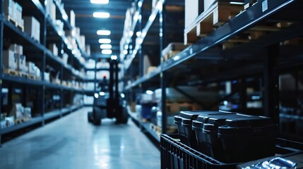 Fototapeta premium Blur background of smart robotic machine inspecting product in storage Warehouse interior with shelves bins and a forklift Industrial storage and logistics facility Design for poster S : Generative AI