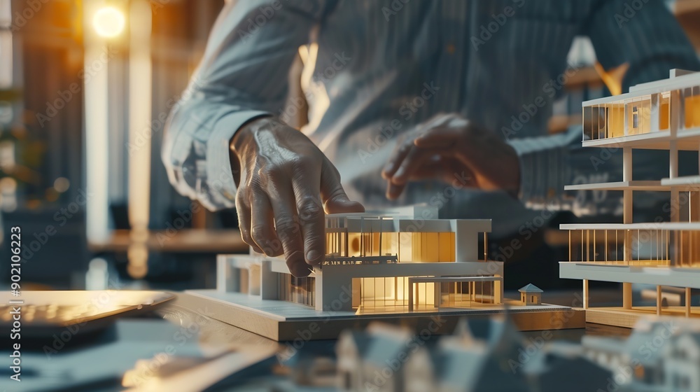 Poster closeup of professional beautiful young architect engineer focus on measure house model length at mo