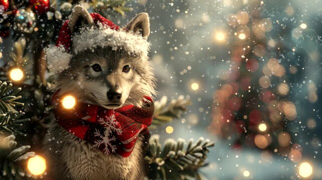a festive wallpaper featuring cute wolf dressed in Santa hats and scarves, christmas decoration tree. seamless looping time-lapse virtual 4k video animation background