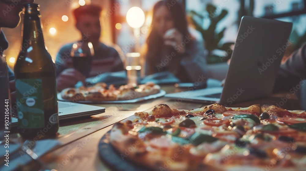 Aufkleber business meeting laptop and people for design at night in office creative agency and overtime food f