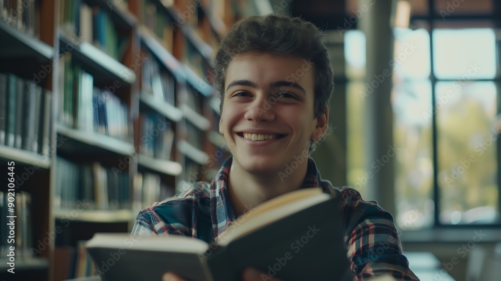 Poster Student man and happy with portrait in library for writing scholarship and studying for exam knowledge Gen z person and smile for learning education and research notes for university a : Generative AI