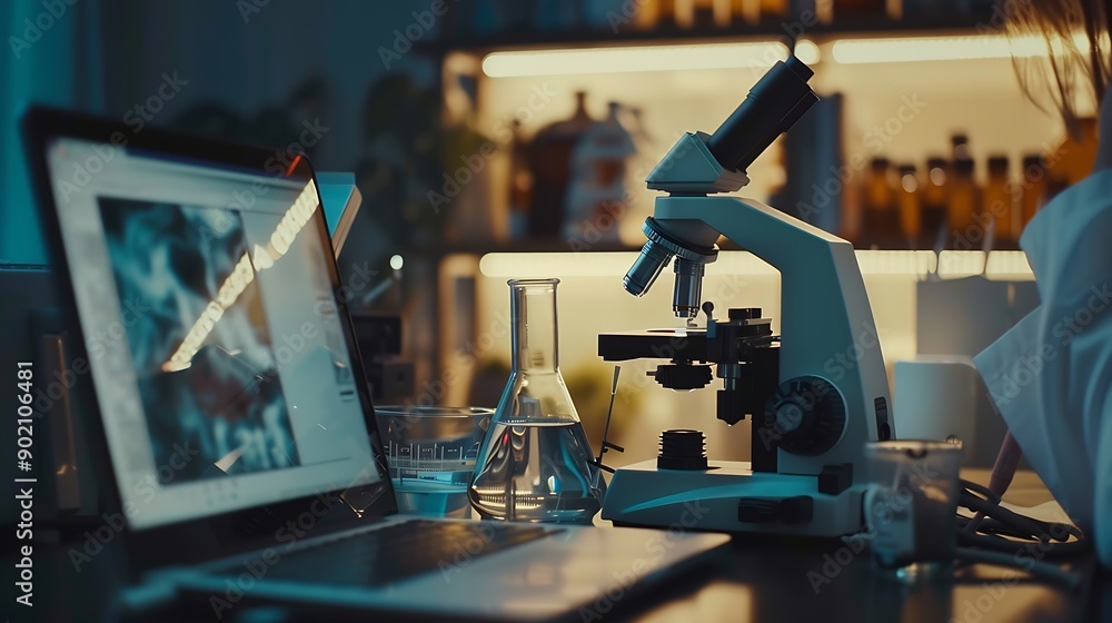 Poster science microscope and laptop in lab with research for sample analysis medical experiment or dna tes