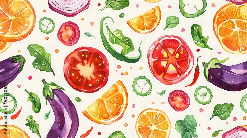 Poster bright and colorful seamless pattern featuring different vegetable slices.