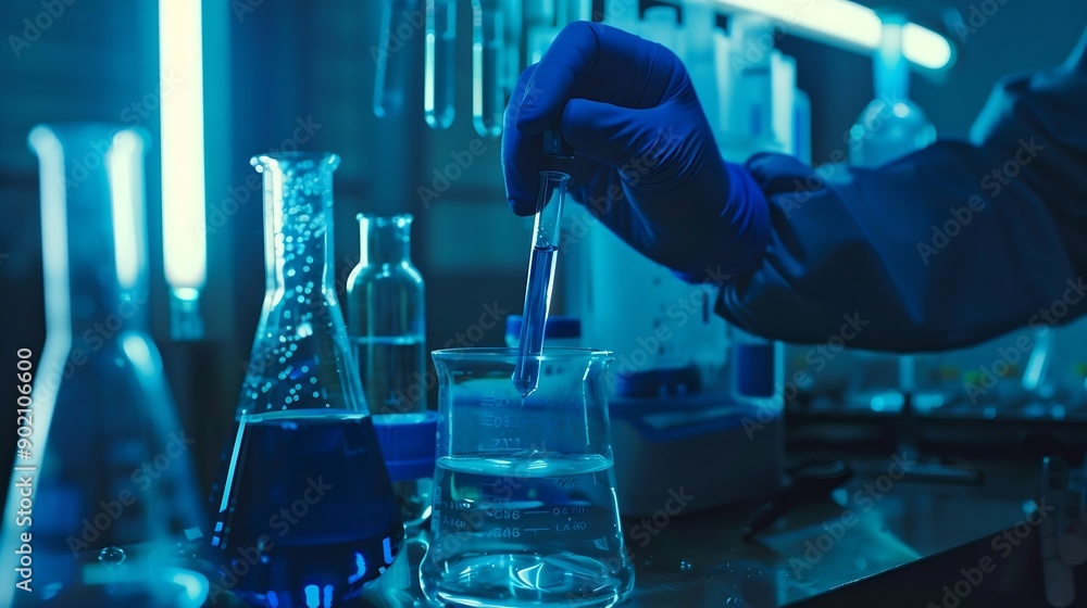 Leinwandbilder A scientist uses laboratory equipment for a research experiment test tube is essential for chemists to use in experiments scientific researchers must concentrate on testing samples in  : Generative AI