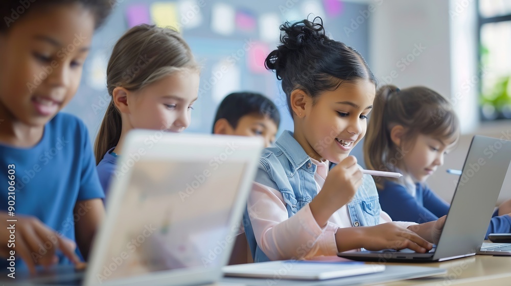 Aufkleber Group of TechSavvy Primary School Children Working on Their Laptop and Tablet Computers in Class Young Female Teacher Educating Kids on Internet Safety Basic Programming Languages and  : Generative AI