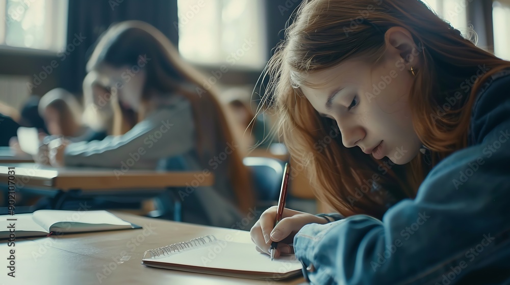 Poster Woman students and writing with test in classroom for exam study or assignment at university Female person or group busy on project or essay with notebook for higher education lesson o : Generative AI