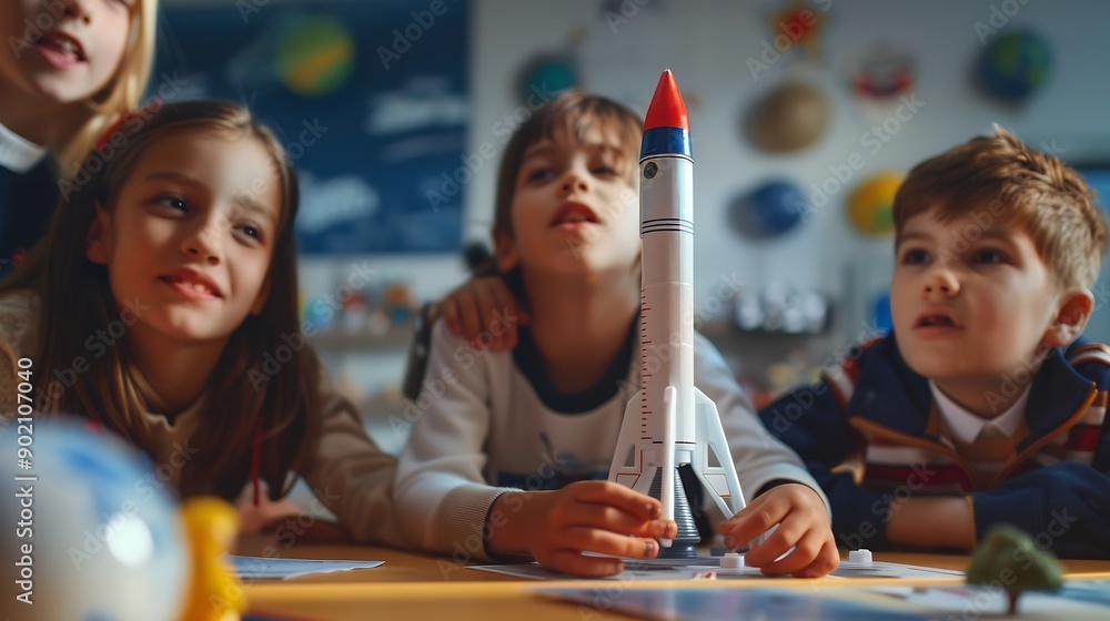 Poster Elementary School Students Sitting Behind a Table in a Group Building a Space Rocket Model for a Science and Technology Fair Young Boys and Girls Wish to Become Engineers and Space Exp : Generative AI