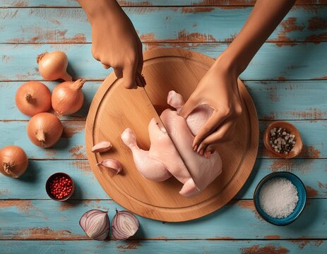 Manos de distintas mujeres trabajando en la cocina, amasando , preparando pasta casera cortando pan , cortando carnes , de pollo cerdo y res , cortando vegetales como chiles o cebollas 