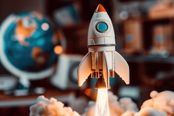 Toy Rocket Launch with Earth Globe in Background