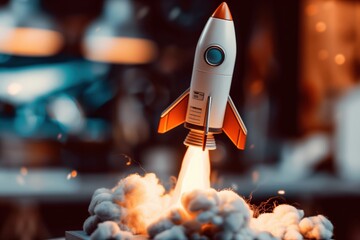 Toy Rocket Launch in Room with Blurry Lights