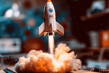 Toy Rocket with Bright Flames in Indoor Setting