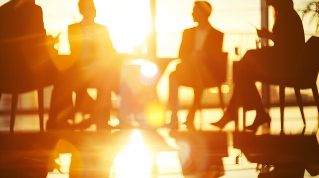 Abstract blur silhouette Many person business discuss in the lounge in warm light flare business people having a meeting agency problem conflict of interest corporate governance manage : Generative AI