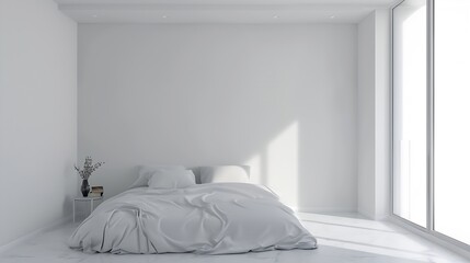 Minimalist interior of white apartment with cozy bedroom for sale Bed close to bedside table with home decor Furniture design for comfortable living in modern house Hallway corridor ro : Generative AI