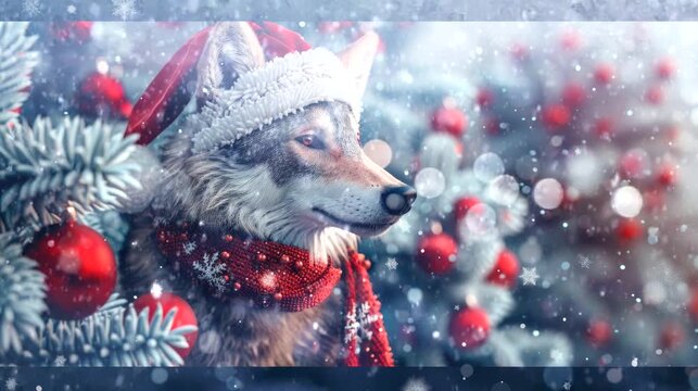 a festive wallpaper featuring cute wolf dressed in Santa hats and scarves, christmas decoration tree. seamless looping time-lapse virtual 4k video animation background