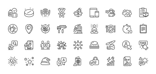 Santa hat, Co2 and Mobile devices line icons pack. AI, Question and Answer, Map pin icons. Verified locker, Paint roller, Passport warning web icon. Vector