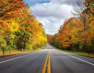 Fototapeta premium A winding road through a vibrant autumn forest