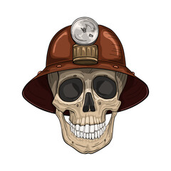 Skull in the miner helmet. Vector illustration