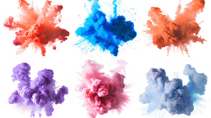 Set of colorful smoke explosions and blasts isolated on white background