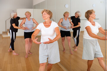 Obraz premium Active senior woman visiting choreography class with group of aged females, practicing classical ballet technique.