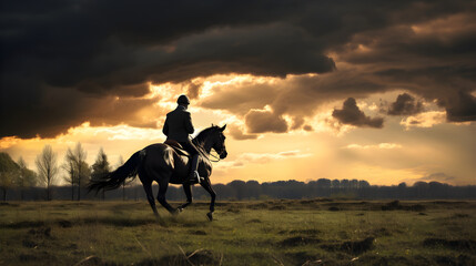 Twilight gallop: A horse and rider in harmonious stride across a verdant landscape