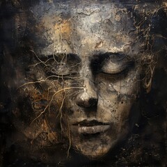 Intricate Abstract Expression of Emotion in Dark Textured Portrait Displayed in Art Gallery